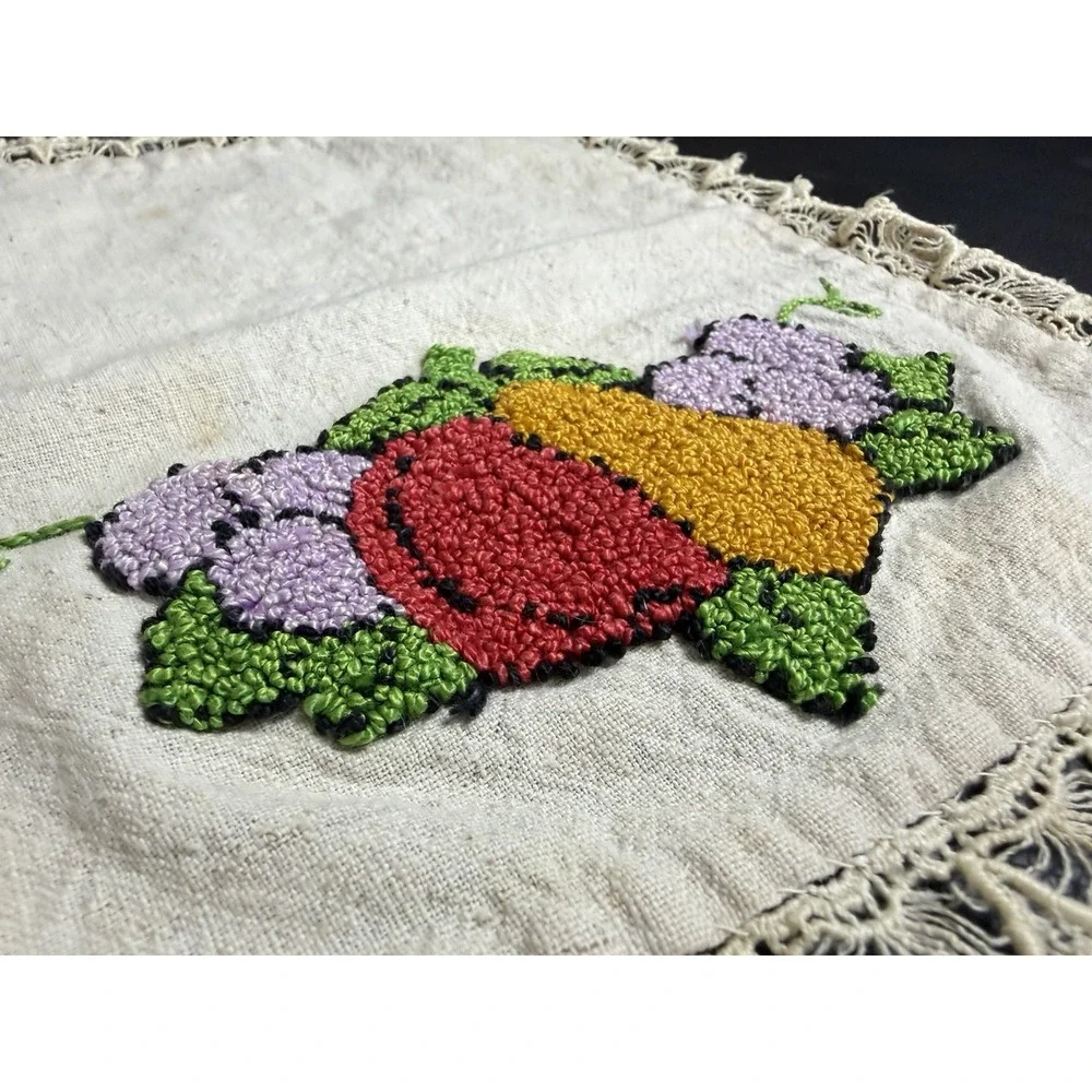 Vintage MCM Hand Embroidery Punch Needle Fruit Table Doily Lace Unfinished Art